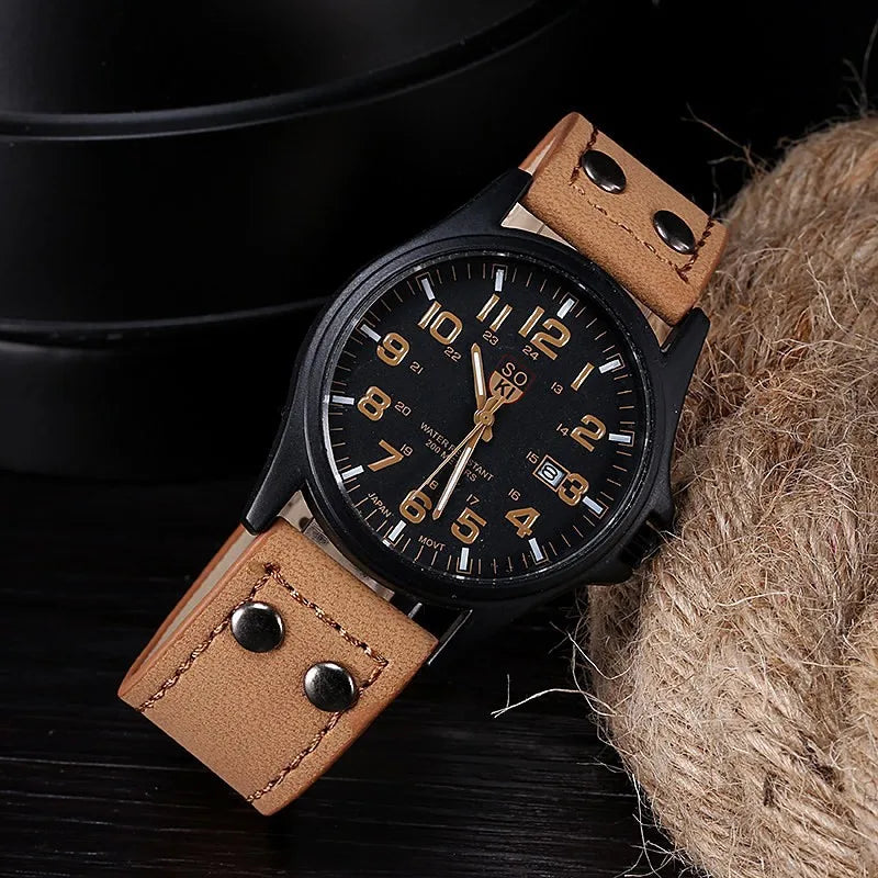 Relógio Estiloso para homens bem colocados - Casual Leather Strap Number Dial Quartz Wristwatch Fashion Men Watches for Man Simple Sport Style Male Clock relogio masculino