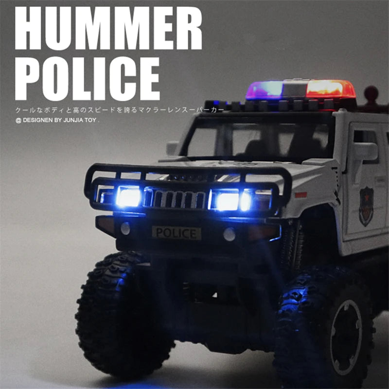 Brinquedo de Metal Modificado Polícia Off-road Veículos Modelo de Carro Som e Luz Presente para Crianças - 1/28 Hummer H2 6*6 Tyre Alloy Car Model Diecasts Metal Toy Modified Police Off-road Vehicles Car Model Sound and Light Kids Gift