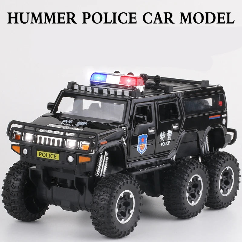 Brinquedo de Metal Modificado Polícia Off-road Veículos Modelo de Carro Som e Luz Presente para Crianças - 1/28 Hummer H2 6*6 Tyre Alloy Car Model Diecasts Metal Toy Modified Police Off-road Vehicles Car Model Sound and Light Kids Gift