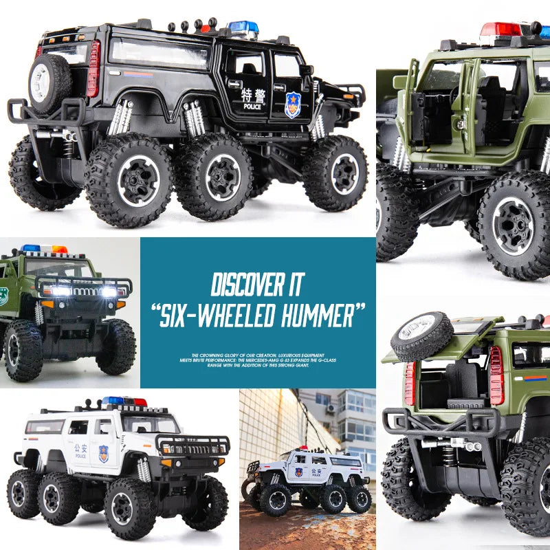 Brinquedo de Metal Modificado Polícia Off-road Veículos Modelo de Carro Som e Luz Presente para Crianças - 1/28 Hummer H2 6*6 Tyre Alloy Car Model Diecasts Metal Toy Modified Police Off-road Vehicles Car Model Sound and Light Kids Gift