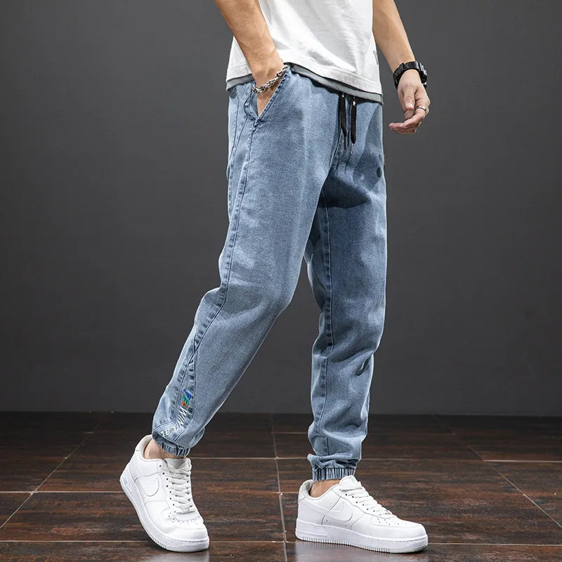 Jeans Slim com Cordão - Summer Slim Drawstring Jeans Japan Harajuku Streetwear Denim Jeans Harlem Casual Joggers Men'S Men'S Seven Pants