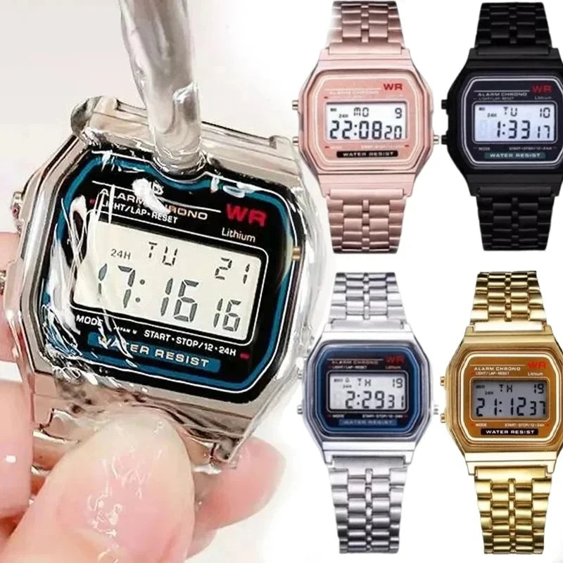 Relógio Feminino Digital - F91W Stainless Steel Band Watch Luxury Waterproof Retro Digital Sports Military Watches Men Women Electronic Wrist Watch Clock