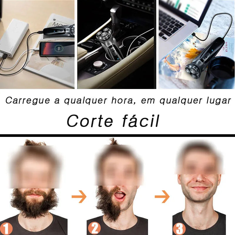 Barbeador elétrico para a manutenção da barba e cabelos para homens de personalidade marcante, lâmina flutuante, lavável e recarregável.