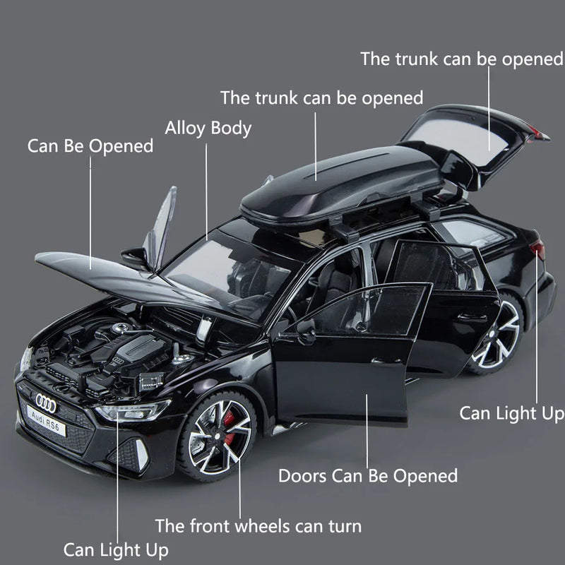 Audi RS6 com som, luz, portas abertas, liga fundida 1:32 - Audi RS6 Toy Car Model with Sound Light Doors Opened Alloy Diecast Model Vehicle Collection Toy for Boy Adult Festival Gift