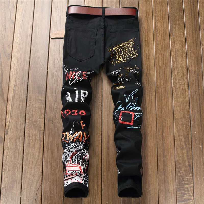 Calça Jeans Masculina Moda de rua alta - High Street Fashion Mens Jeans Night Club Black White Color Personal Designer Printed Jeans Men Punk Pants Skinny Hip Hop Jeans