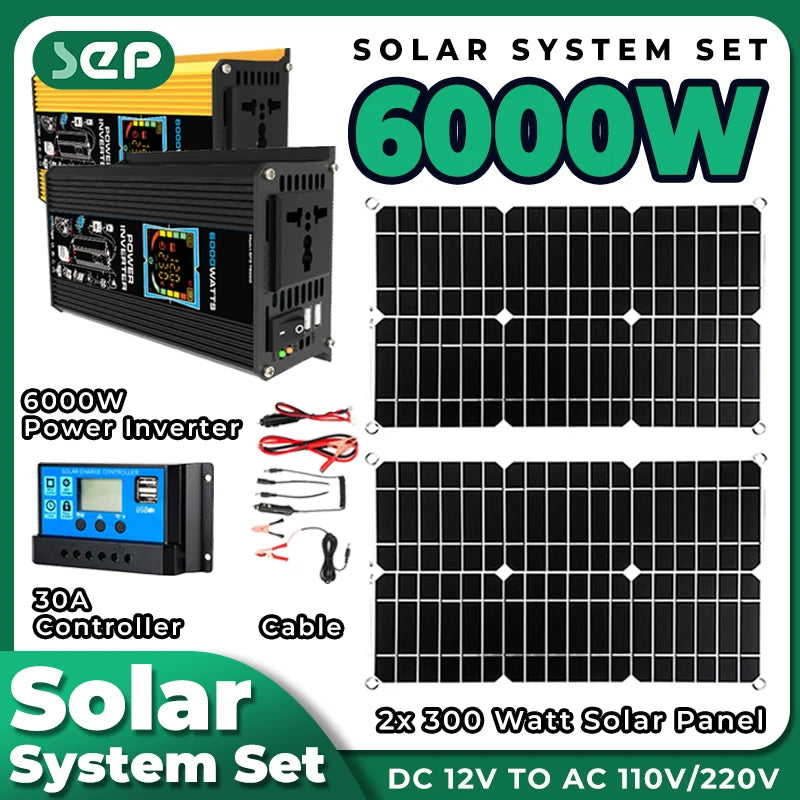 Painel solar 2*300W 12V Gerador solar portátil - Novo inversor 6000W Painel solar 2*300W 12V Gerador solar portátil Banco de potência 30A Kit controlador solar para estação de acampamento residencial