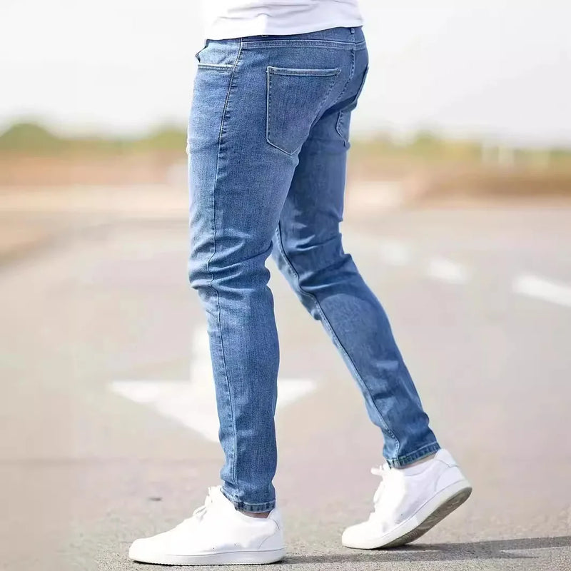 Calça Jeans masculina - Distressed Men Jeans Denim Holes Skinny Vintage Wash Solid Pencil Pants 2024 Ankle Length Sheath Punk Style Pockets Slim