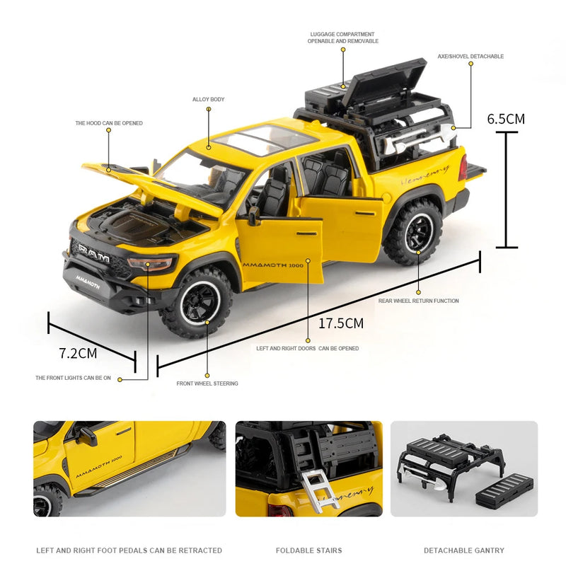 DODGE Mammoth 1000 TRX Alloy Pickup Car Modelo (escala 1:32) Diecast Metal Off-road Vehicle Modelo Simulação de Som e Luz.