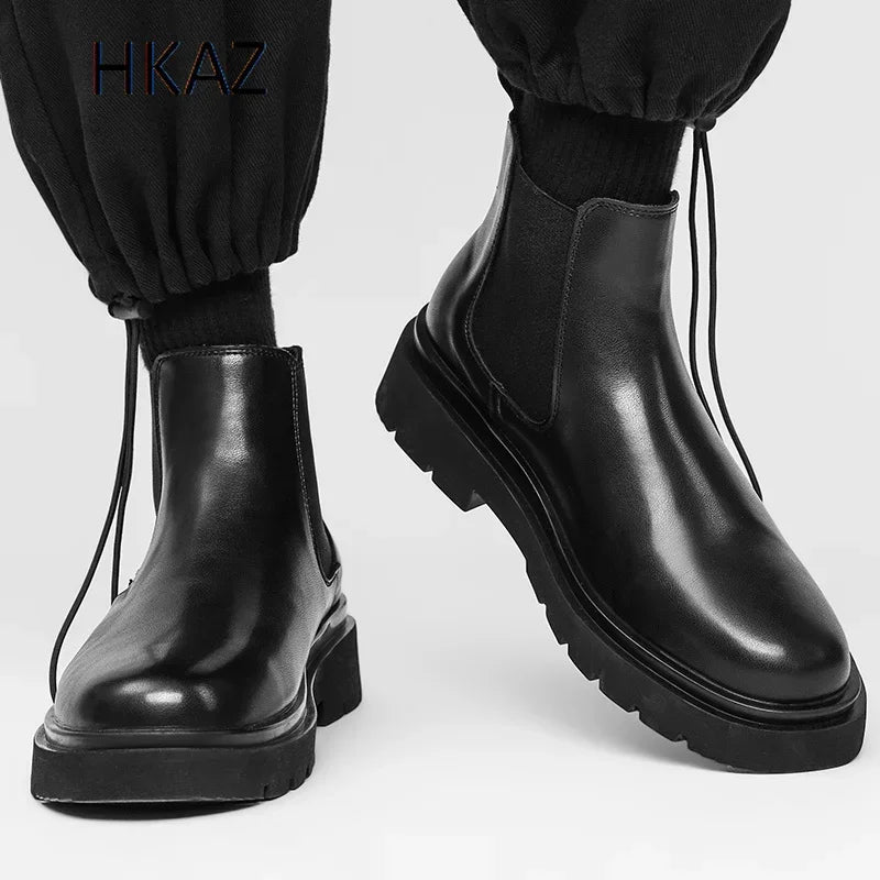 Bota masculina - Casual Leather Boots For Men Autumn Winter Full Black Men's Biker Boot Trendy All-match Hard-wearing Popular Model Male Footwear