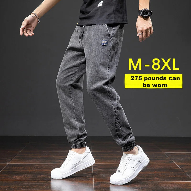 Jeans Slim com Cordão - Summer Slim Drawstring Jeans Japan Harajuku Streetwear Denim Jeans Harlem Casual Joggers Men'S Men'S Seven Pants