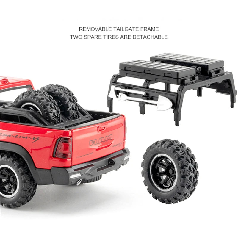 DODGE Mammoth 1000 TRX Alloy Pickup Car Modelo (escala 1:32) Diecast Metal Off-road Vehicle Modelo Simulação de Som e Luz.