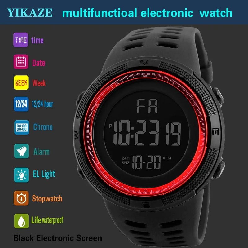 Relógio de pulso esportivo militar masculino multifuncional - YIKAZE Y01 Military Men Sports Wristwatch Multifunction Men's Digital Watches Waterproof Clock Student Electronic Watch for man