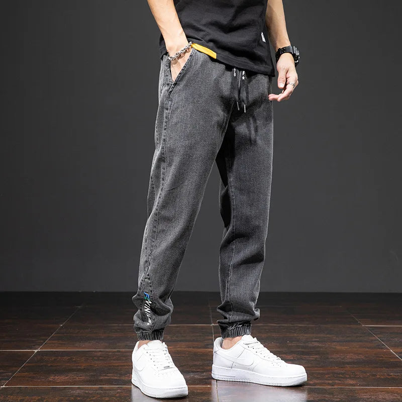 Jeans Slim com Cordão - Summer Slim Drawstring Jeans Japan Harajuku Streetwear Denim Jeans Harlem Casual Joggers Men'S Men'S Seven Pants