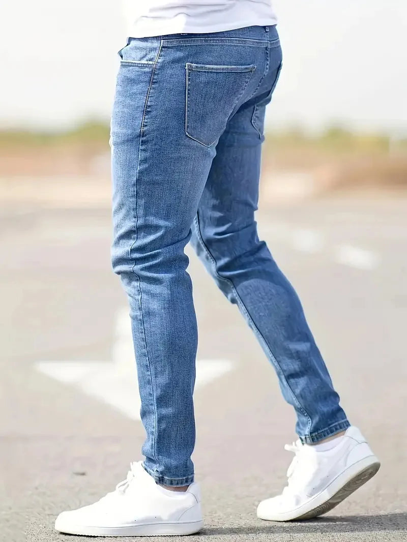 Calça Jeans masculina - Distressed Men Jeans Denim Holes Skinny Vintage Wash Solid Pencil Pants 2024 Ankle Length Sheath Punk Style Pockets Slim