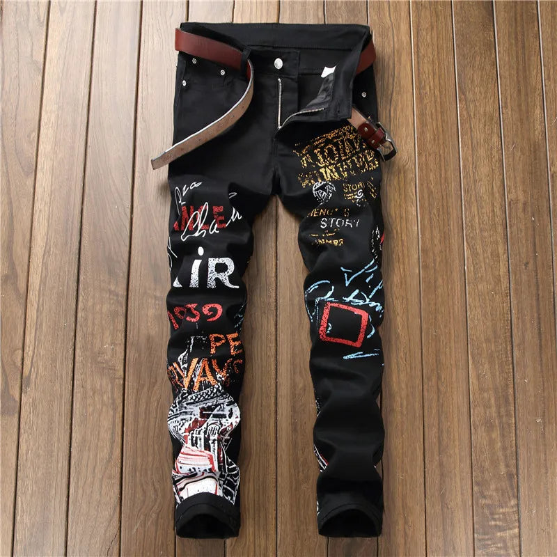 Calça Jeans Masculina Moda de rua alta - High Street Fashion Mens Jeans Night Club Black White Color Personal Designer Printed Jeans Men Punk Pants Skinny Hip Hop Jeans