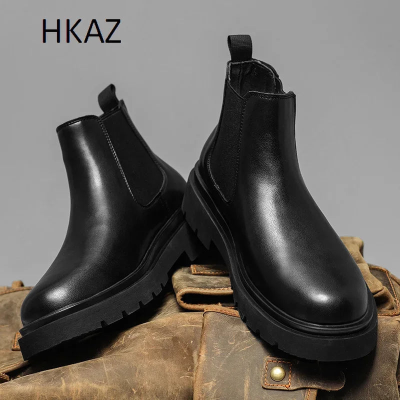 Bota masculina - Casual Leather Boots For Men Autumn Winter Full Black Men's Biker Boot Trendy All-match Hard-wearing Popular Model Male Footwear