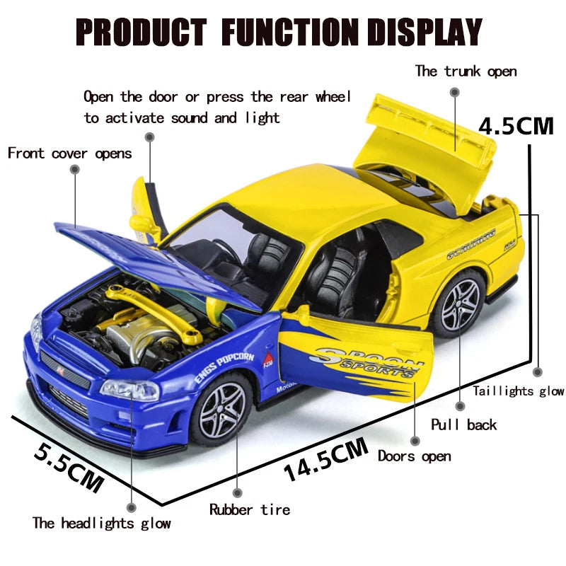 1:32 GTR R34 SKYLINE Fast Alloy Simulation Car Model Diecasts & Toy Vehicles And Furious Cars Decoration Toys For Children Boy