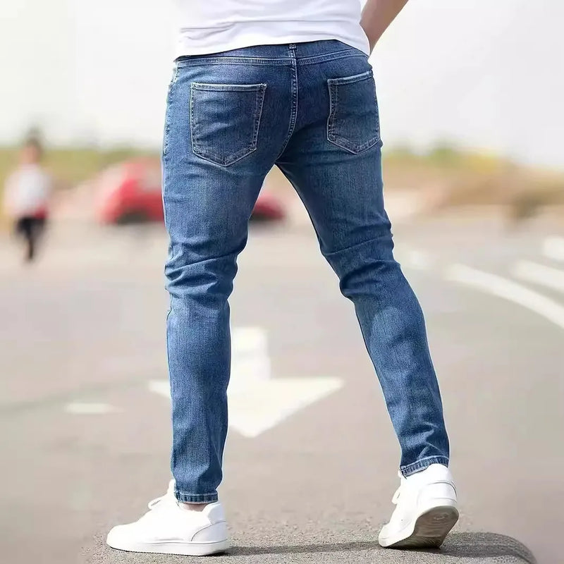 Calça Jeans masculina - Distressed Men Jeans Denim Holes Skinny Vintage Wash Solid Pencil Pants 2024 Ankle Length Sheath Punk Style Pockets Slim