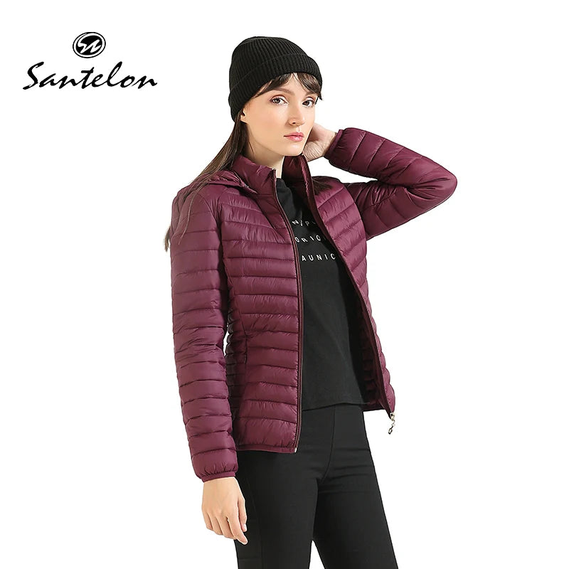 Jaquetas Para Mulheres Curta Com Capuz - SANTELON Winter Ultralight Padded Puffer Jackets For Women Short Parka With Hood Female Outdoor Warm Lightweight Outwear