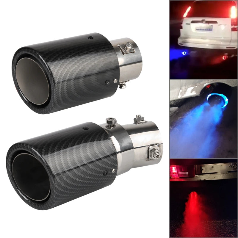 Escapamento de fibra de carbono modificados para carro, universal e com LED vermelho/azul flamejante luminoso 63-65mm.