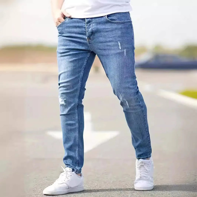 Calça Jeans masculina - Distressed Men Jeans Denim Holes Skinny Vintage Wash Solid Pencil Pants 2024 Ankle Length Sheath Punk Style Pockets Slim