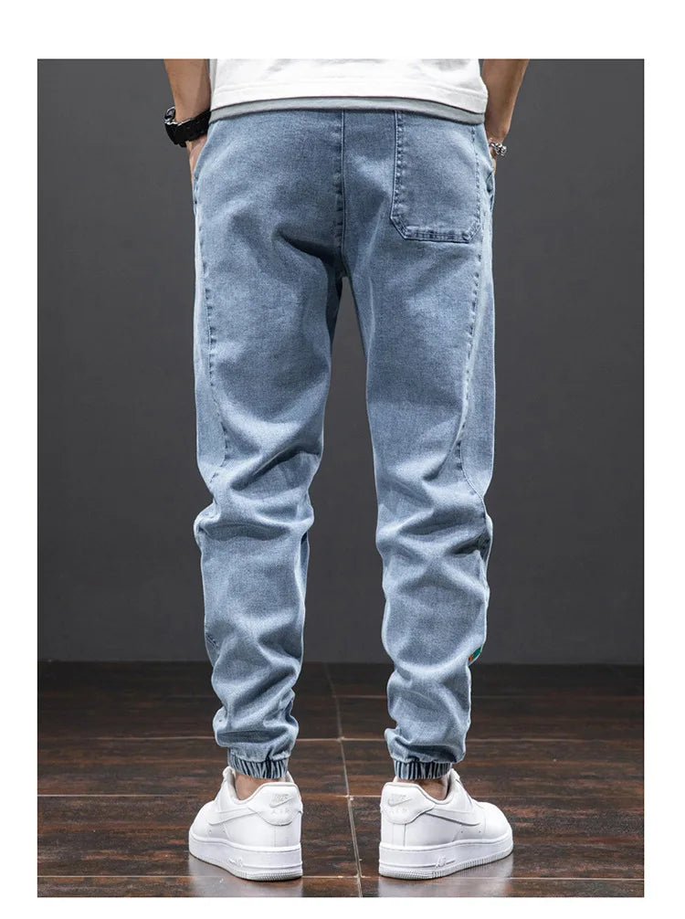 Jeans Slim com Cordão - Summer Slim Drawstring Jeans Japan Harajuku Streetwear Denim Jeans Harlem Casual Joggers Men'S Men'S Seven Pants